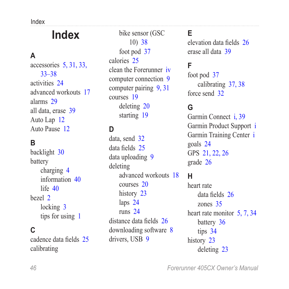 Index | Garmin Forerunner 405 CX User Manual | Page 52 / 56