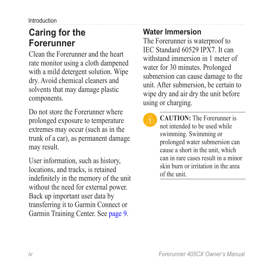 Caring for the forerunner | Garmin Forerunner 405 CX User Manual | Page 6 / 56