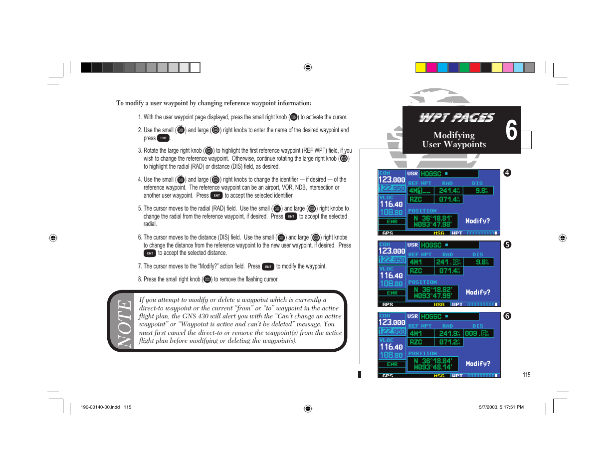 Wpt pages | Garmin GNS 430 User Manual | Page 123 / 204