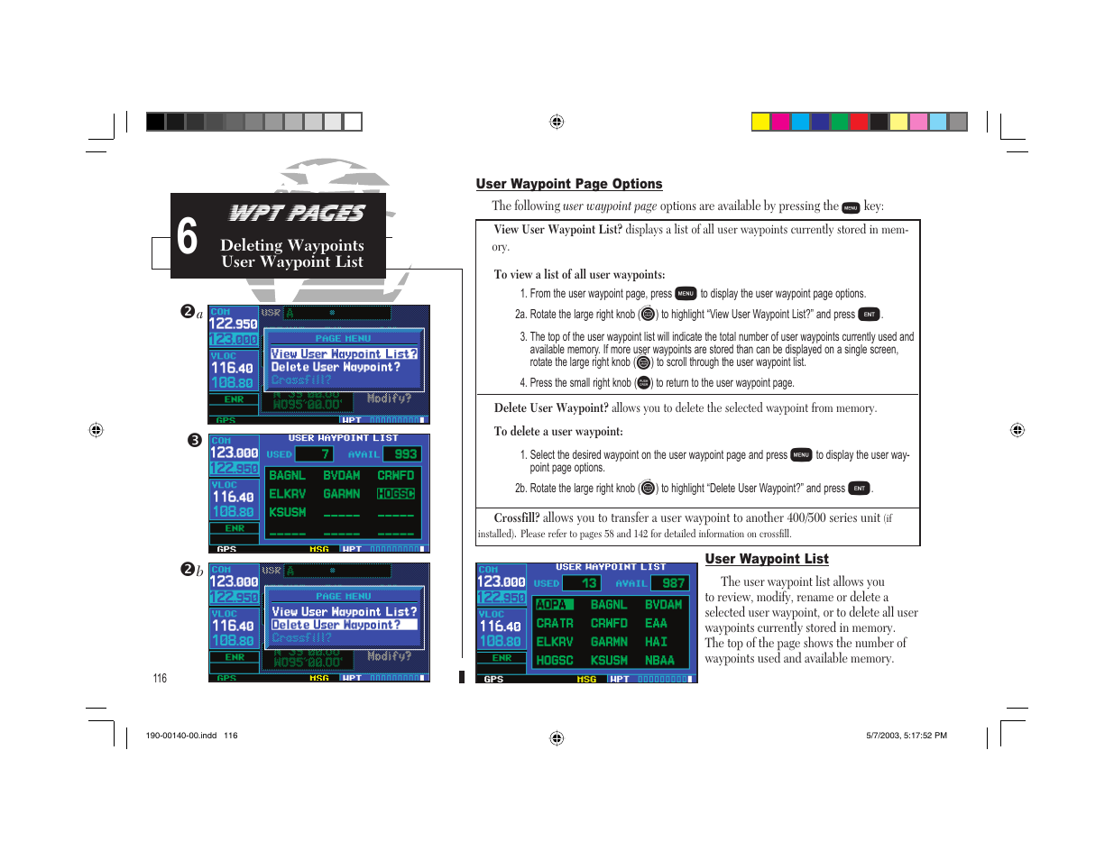 Wpt pages | Garmin GNS 430 User Manual | Page 124 / 204