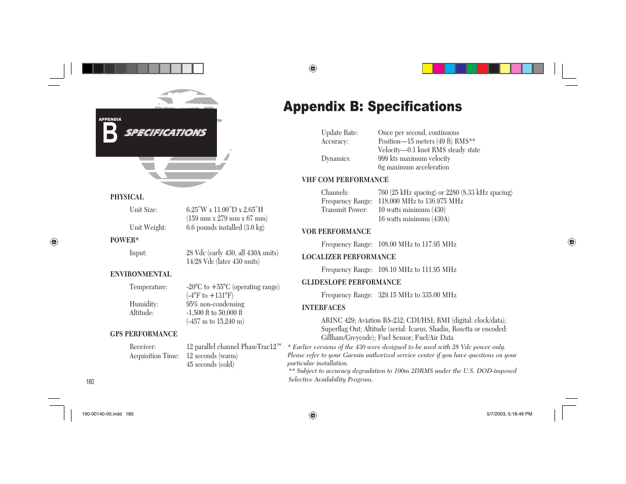 Appendix b: specifications | Garmin GNS 430 User Manual | Page 188 / 204