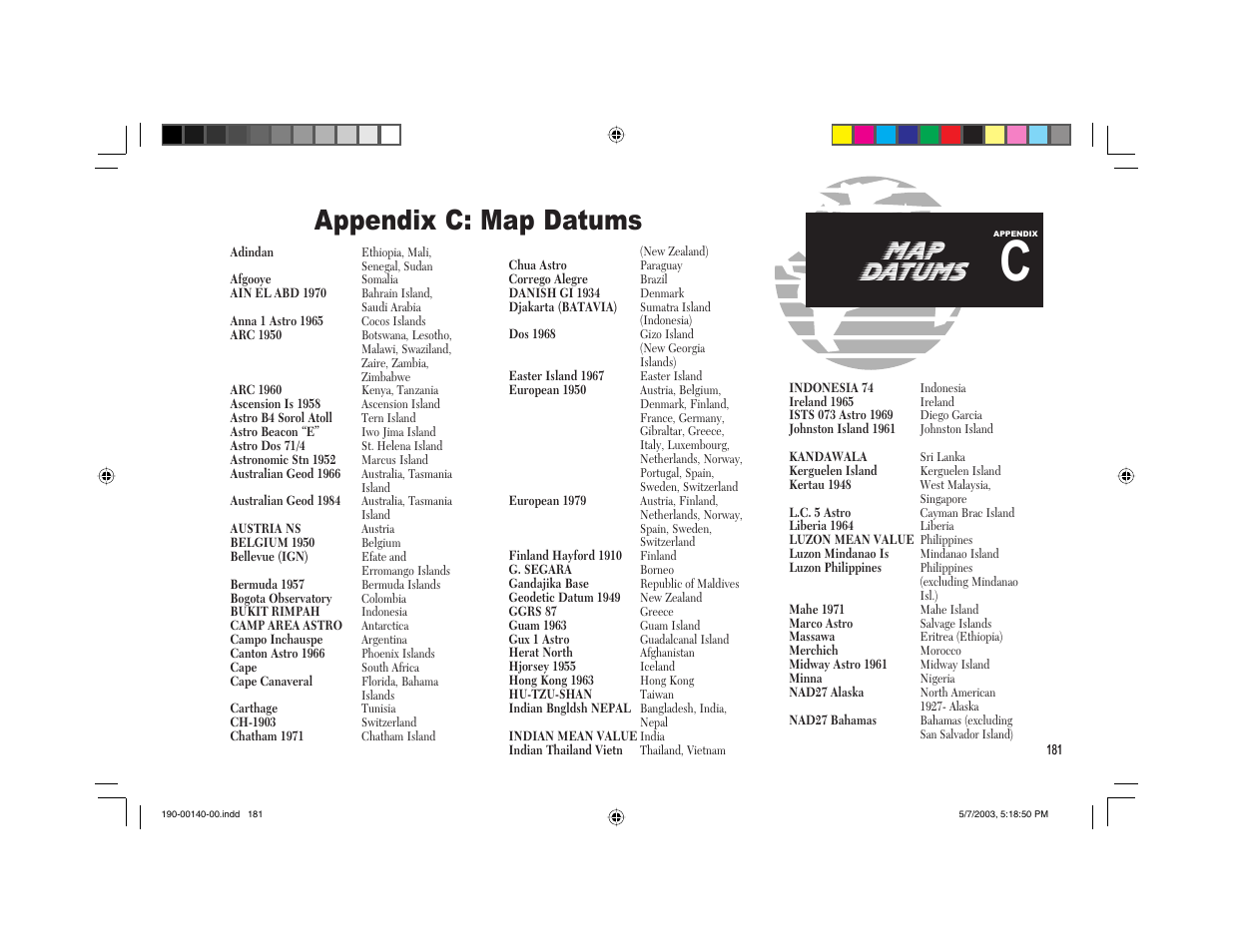 Appendix c: map datums, Map datums | Garmin GNS 430 User Manual | Page 189 / 204