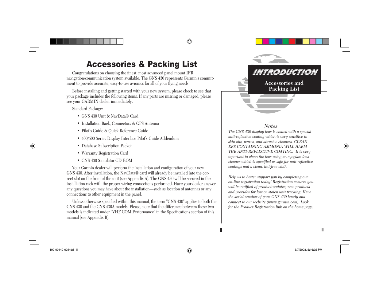 Accessories & packing list, Introduction | Garmin GNS 430 User Manual | Page 5 / 204