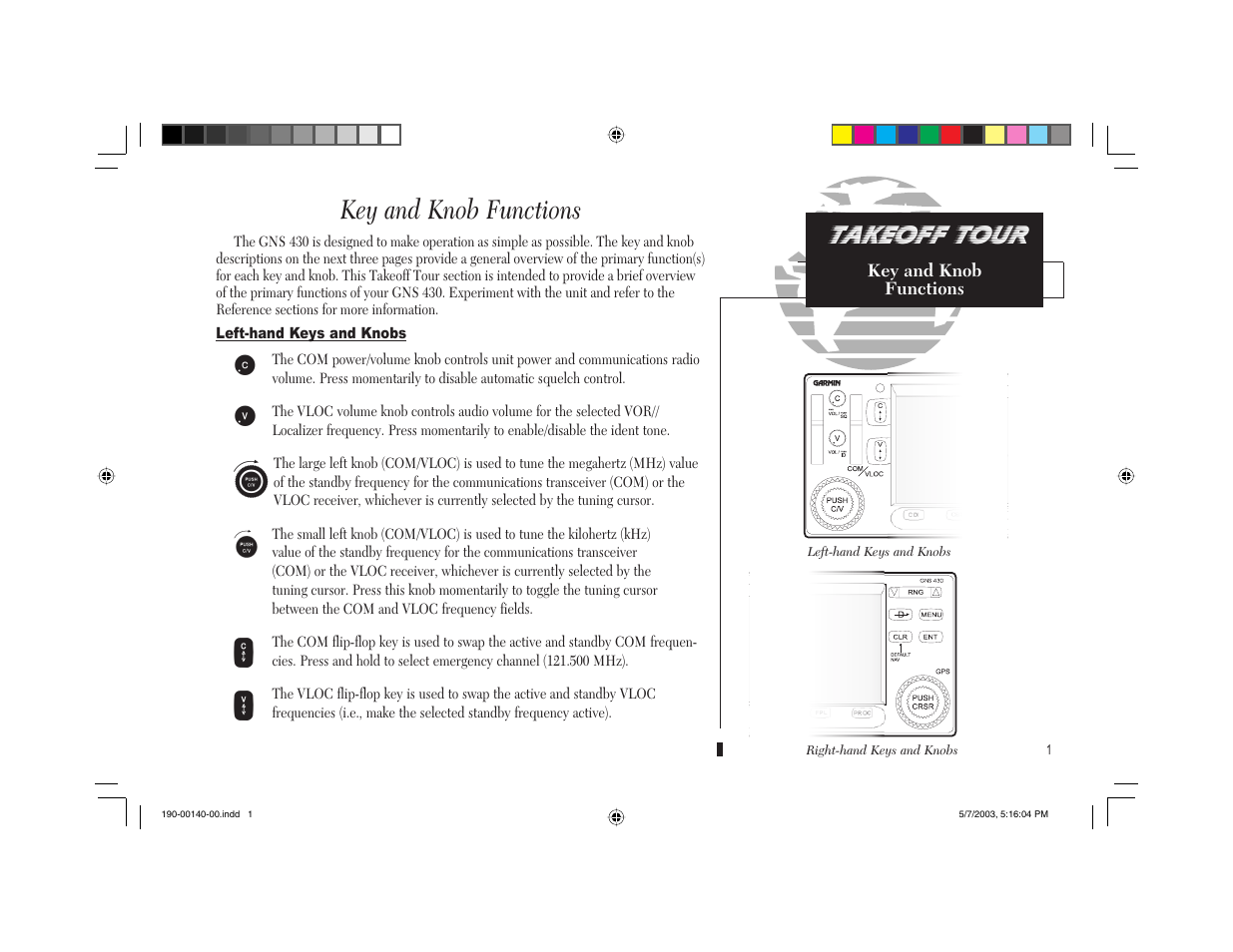 Key and knob functions, Takeoff tour | Garmin GNS 430 User Manual | Page 9 / 204