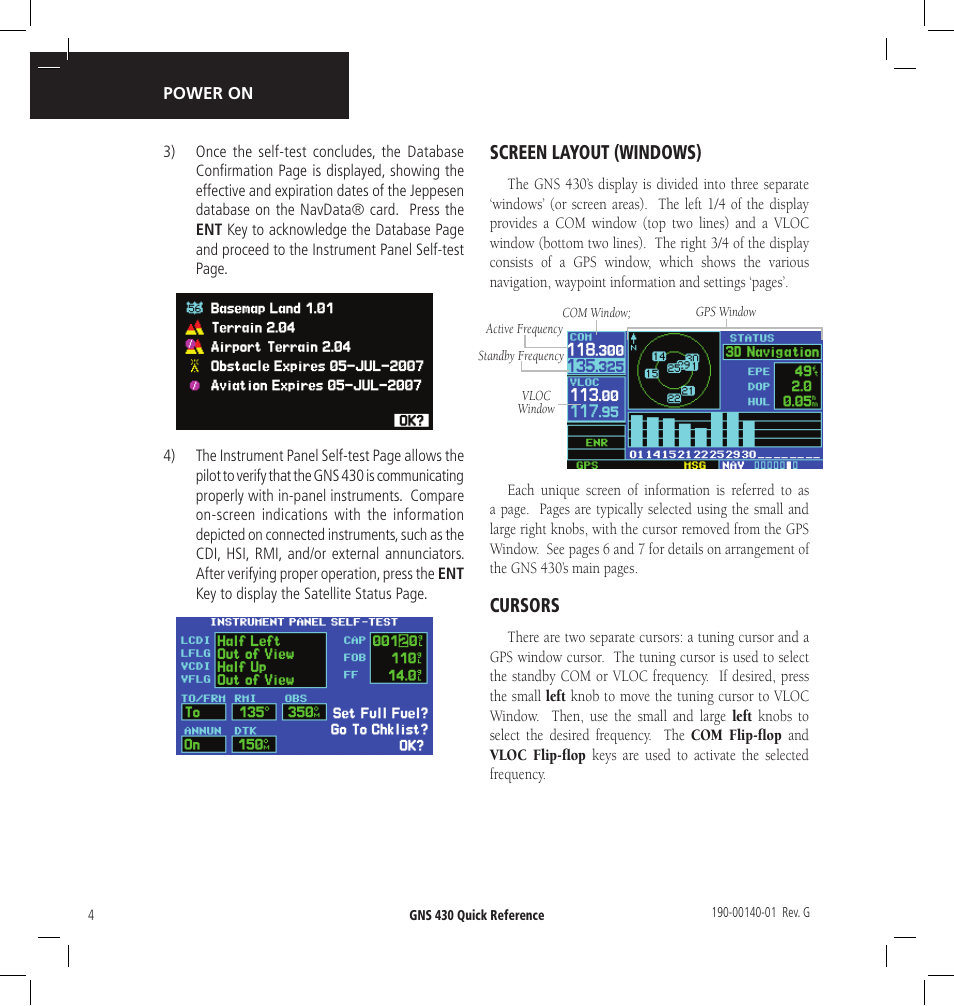 Screen layout (windows), Cursors | Garmin GNS 430 User Manual | Page 4 / 22