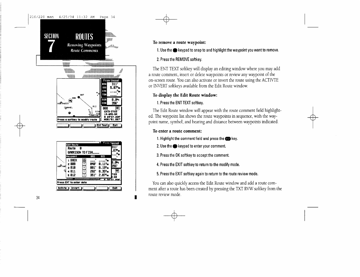 To remove a route waypoint, To enter a route comment, Routes | Garmin 210 User Manual | Page 44 / 92