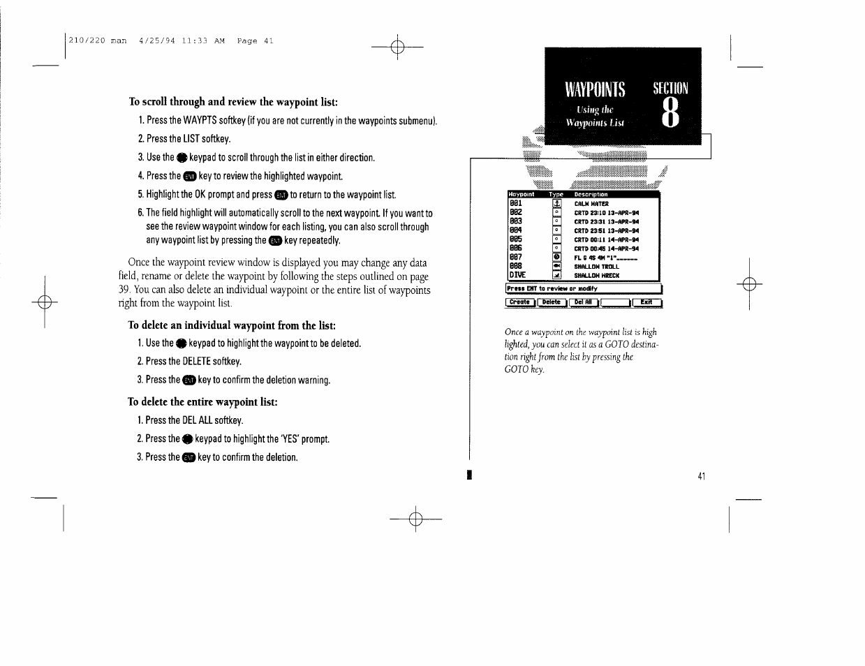 Using ihe wa)f oints list | Garmin 210 User Manual | Page 51 / 92