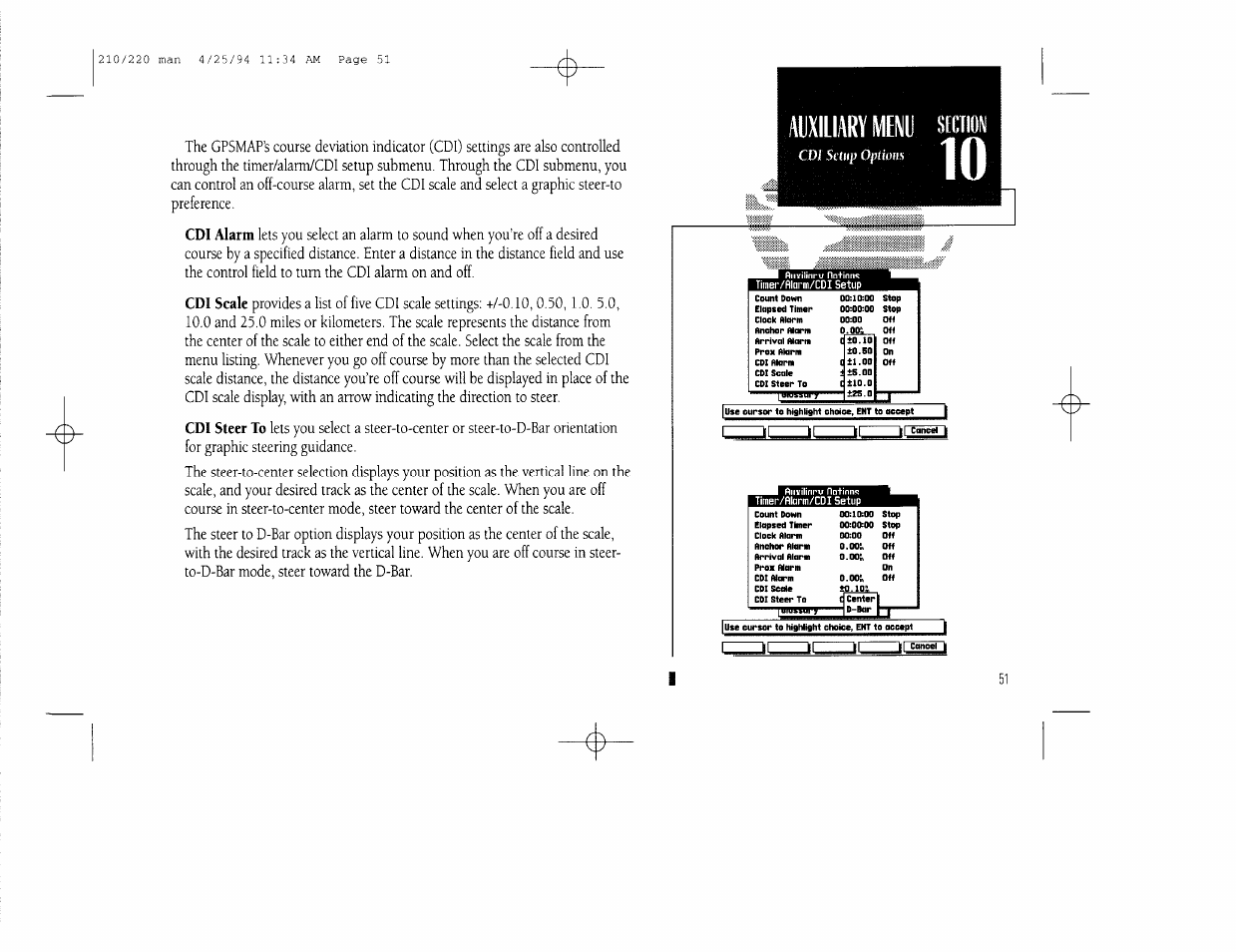 Auxiliary menu mm, Auxiliary menu, Cd! setup options 1 ■ i | Jjl cancel i, O.ooi, M.10, Usecirsorto | Garmin 210 User Manual | Page 61 / 92