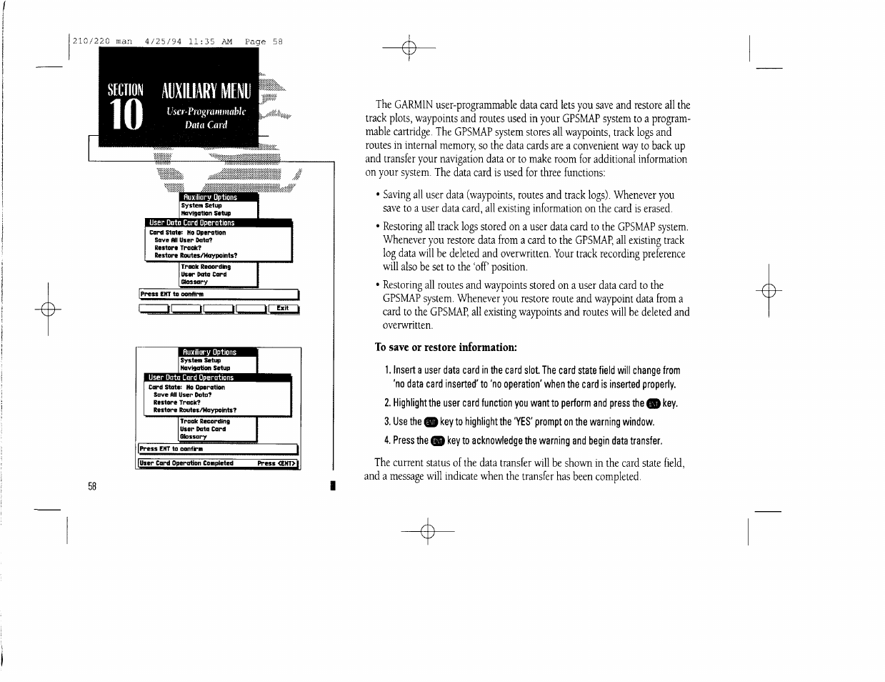 To save or restore information | Garmin 210 User Manual | Page 68 / 92