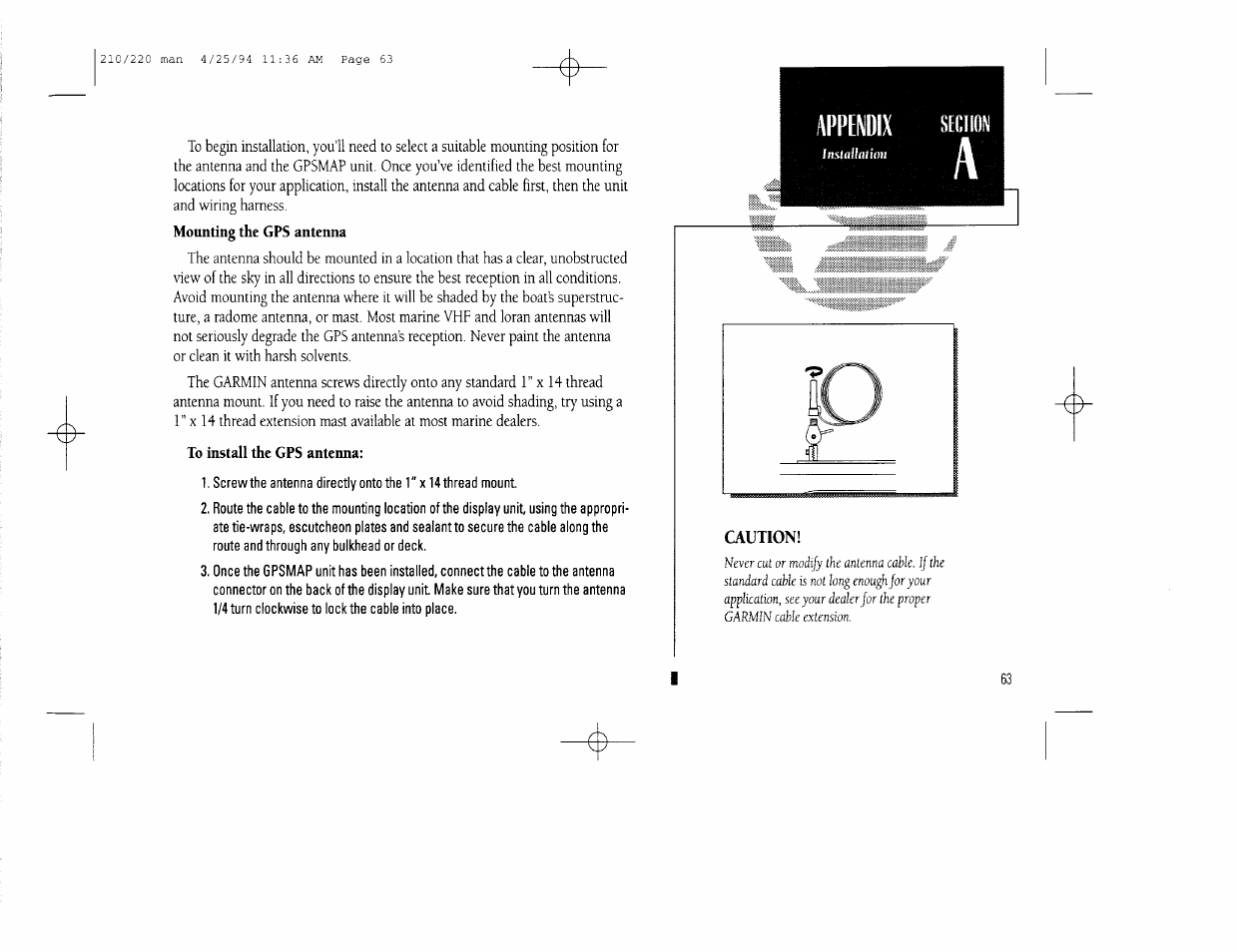 To install the gps antenna | Garmin 210 User Manual | Page 73 / 92