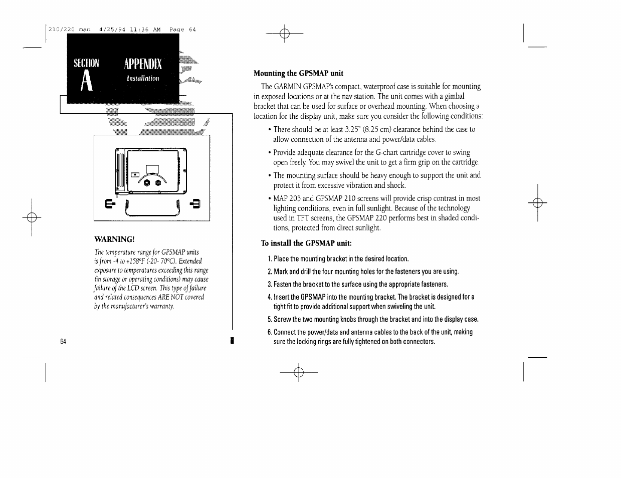 Mounting the gpsmap unit, To install the gpsmap unit, Appendix | Garmin 210 User Manual | Page 74 / 92