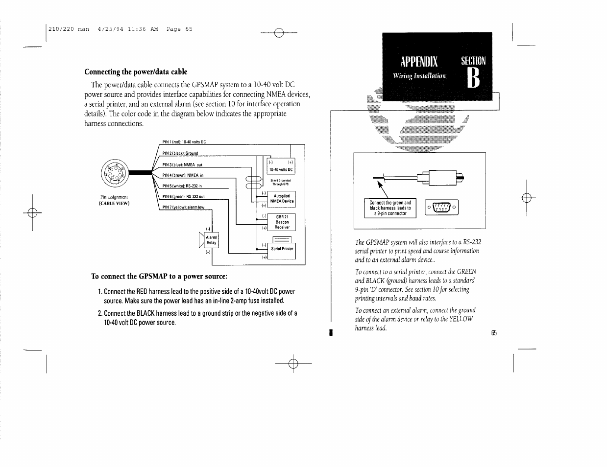 Connecting the power/data cable, To connect the gpsmap to a power source, Appendix | Garmin 210 User Manual | Page 75 / 92