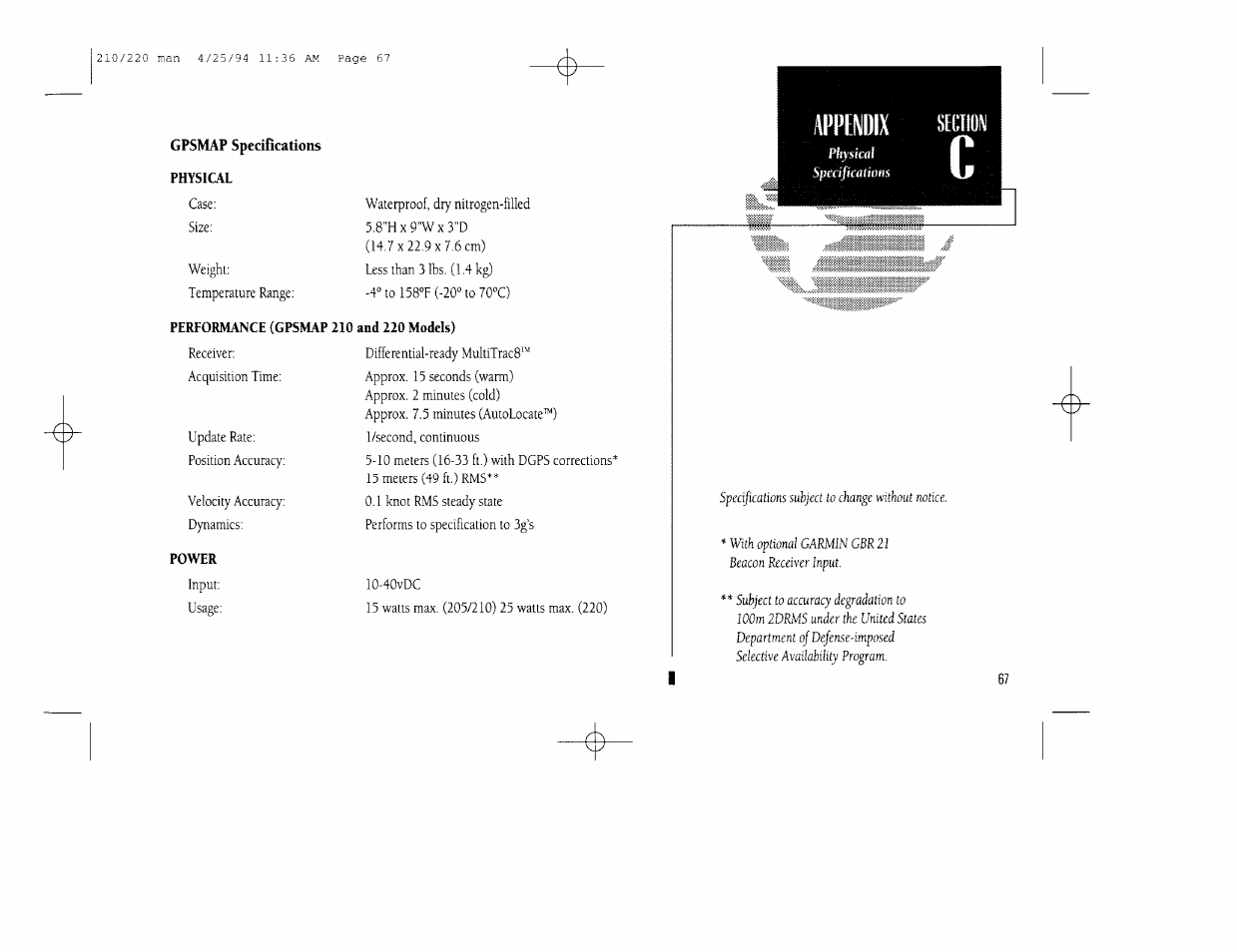 Gpsmap specifications, Physical, Performance (gpsmap 210 and 220 models) | Garmin 210 User Manual | Page 77 / 92