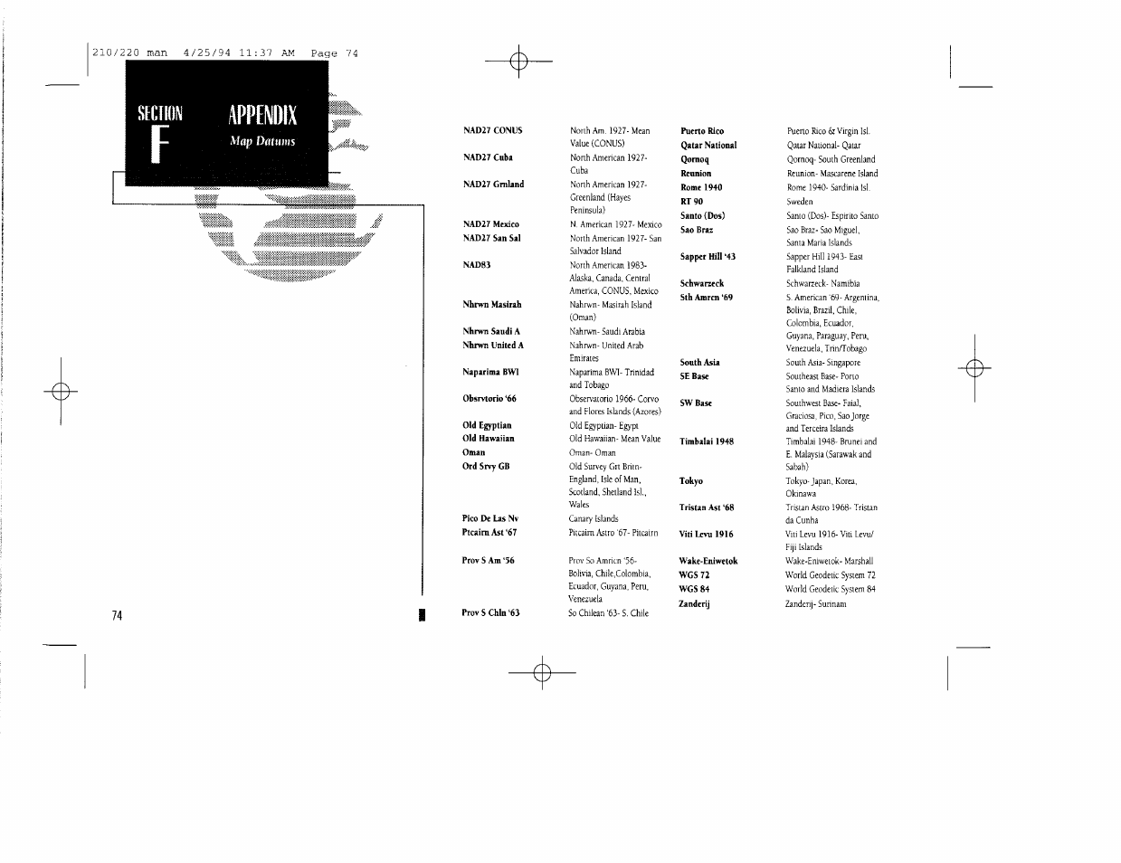 Appendix, Map datums | Garmin 210 User Manual | Page 84 / 92