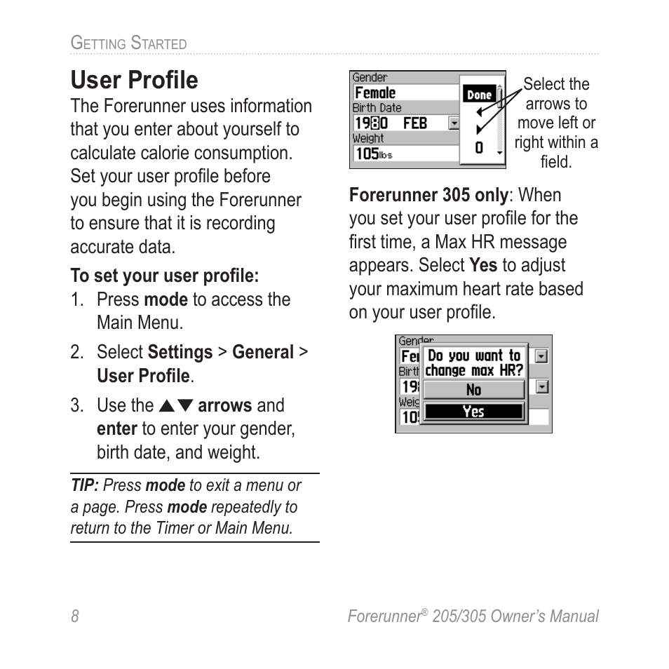 User profile | Garmin Forerunner 305 User Manual | Page 12 / 80