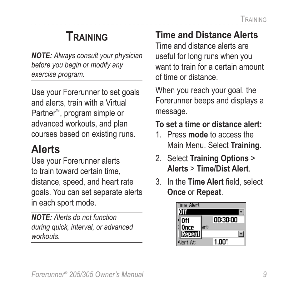 Training, Alerts, Time and distance alerts | Garmin Forerunner 305 User Manual | Page 13 / 80