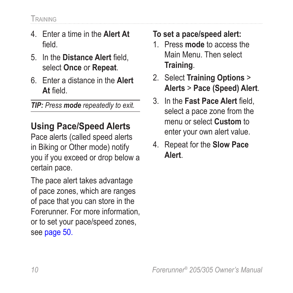 Using pace/speed alerts | Garmin Forerunner 305 User Manual | Page 14 / 80