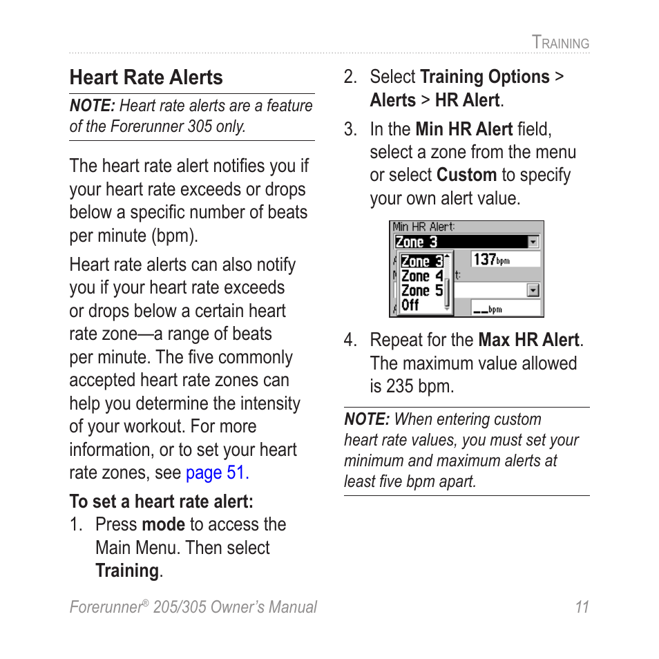 Heart rate alerts | Garmin Forerunner 305 User Manual | Page 15 / 80