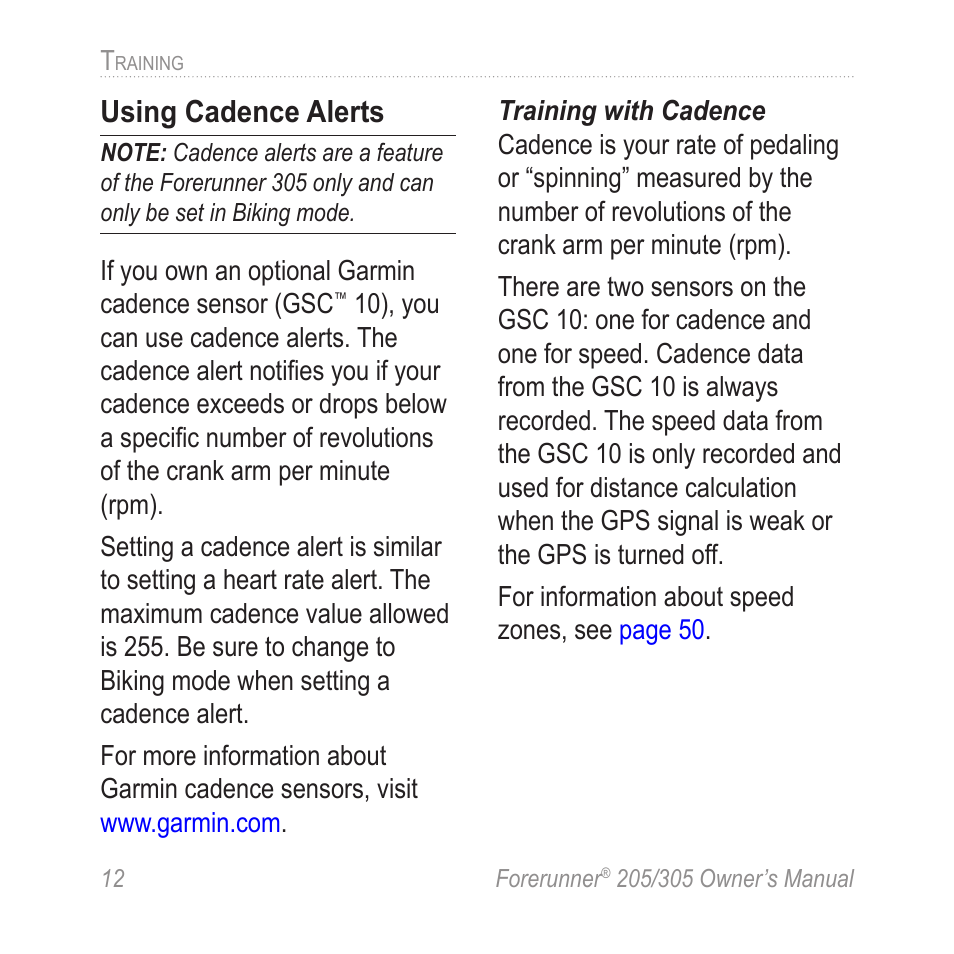 Using cadence alerts | Garmin Forerunner 305 User Manual | Page 16 / 80