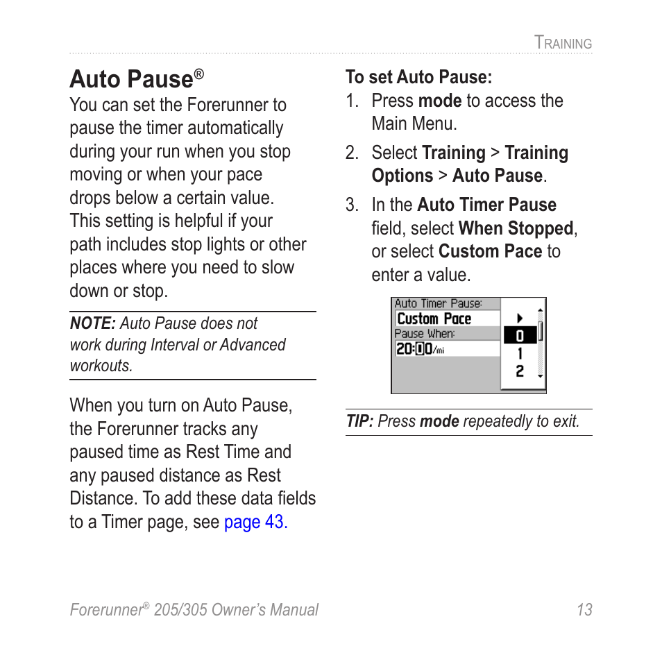 Auto pause | Garmin Forerunner 305 User Manual | Page 17 / 80