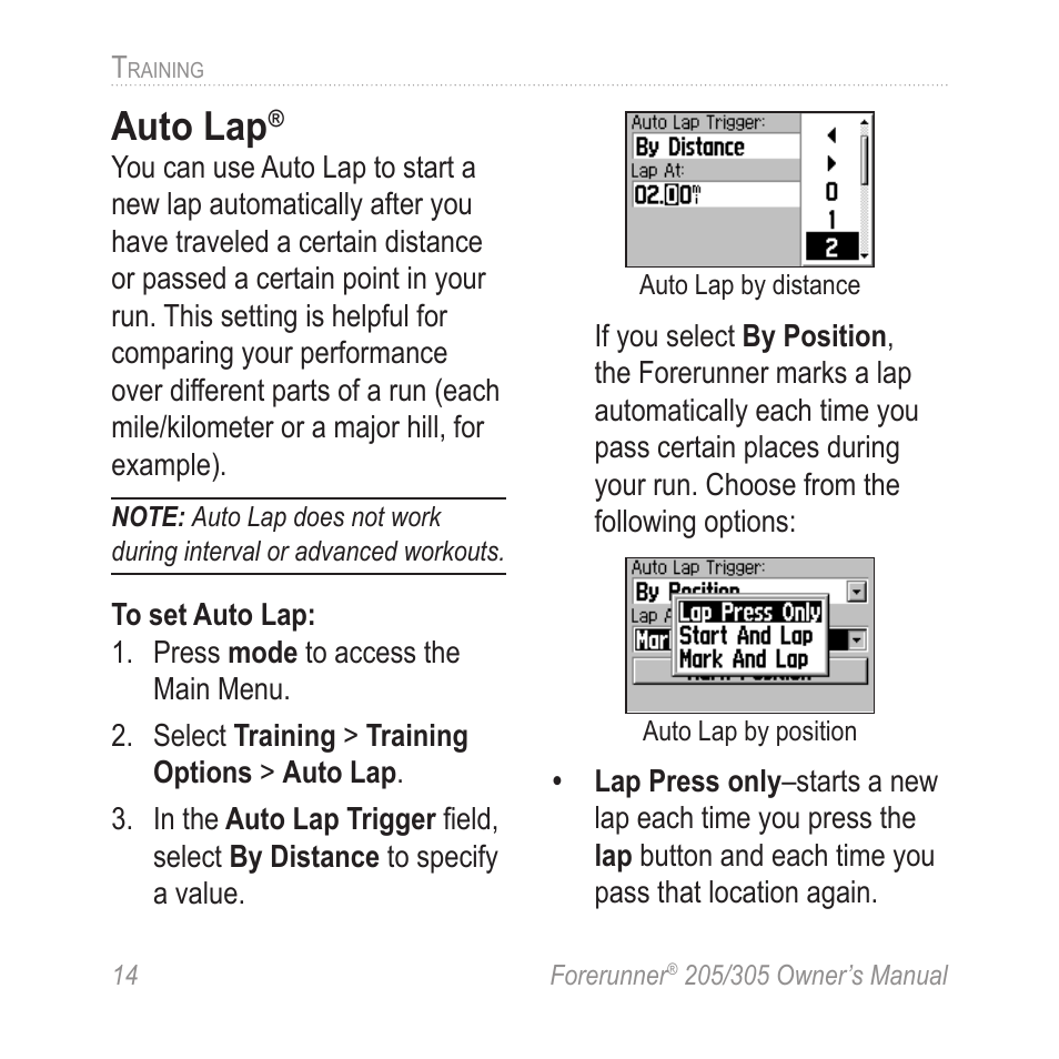 Auto lap | Garmin Forerunner 305 User Manual | Page 18 / 80