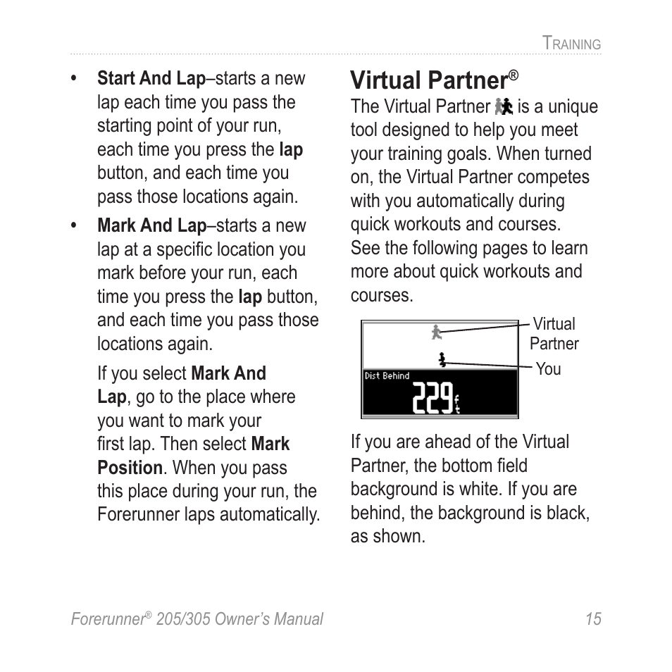 Virtual partner | Garmin Forerunner 305 User Manual | Page 19 / 80