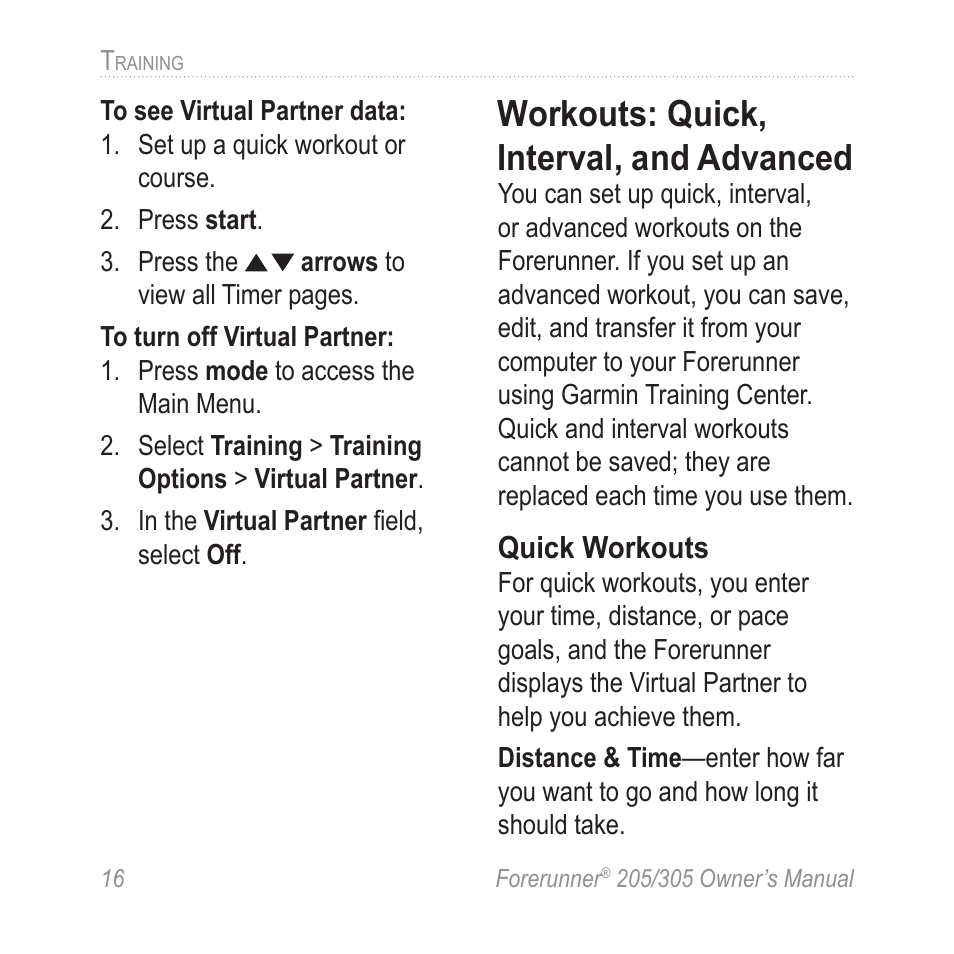 Workouts: quick, interval, and advanced, Workouts: quick, interval, and, Advanced | Garmin Forerunner 305 User Manual | Page 20 / 80