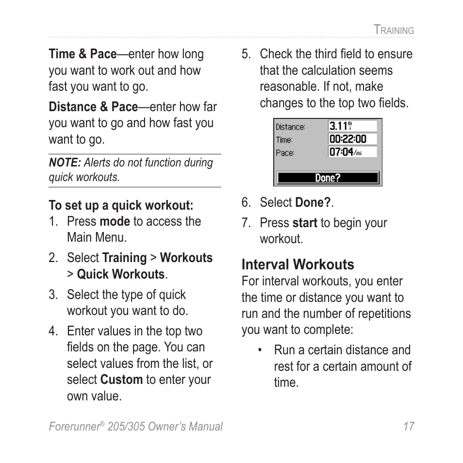 Interval workouts | Garmin Forerunner 305 User Manual | Page 21 / 80