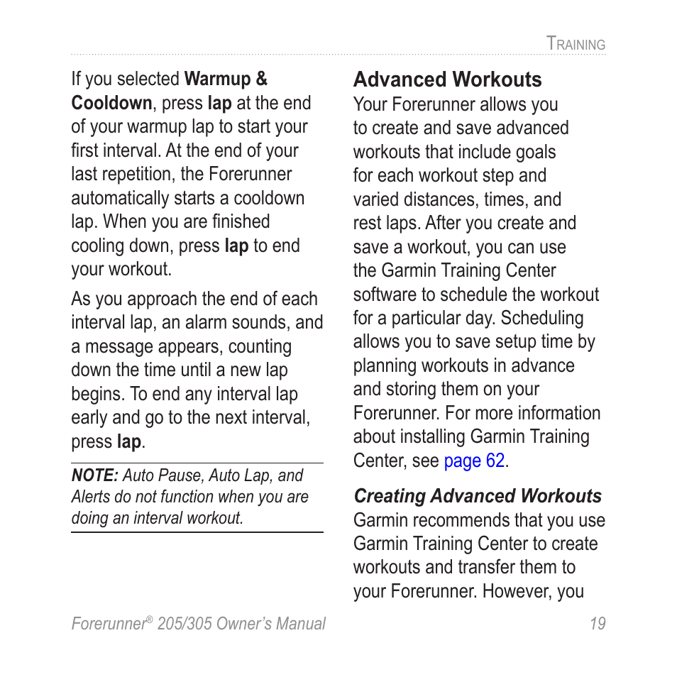 Advanced workouts | Garmin Forerunner 305 User Manual | Page 23 / 80