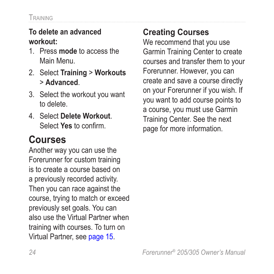 Courses | Garmin Forerunner 305 User Manual | Page 28 / 80