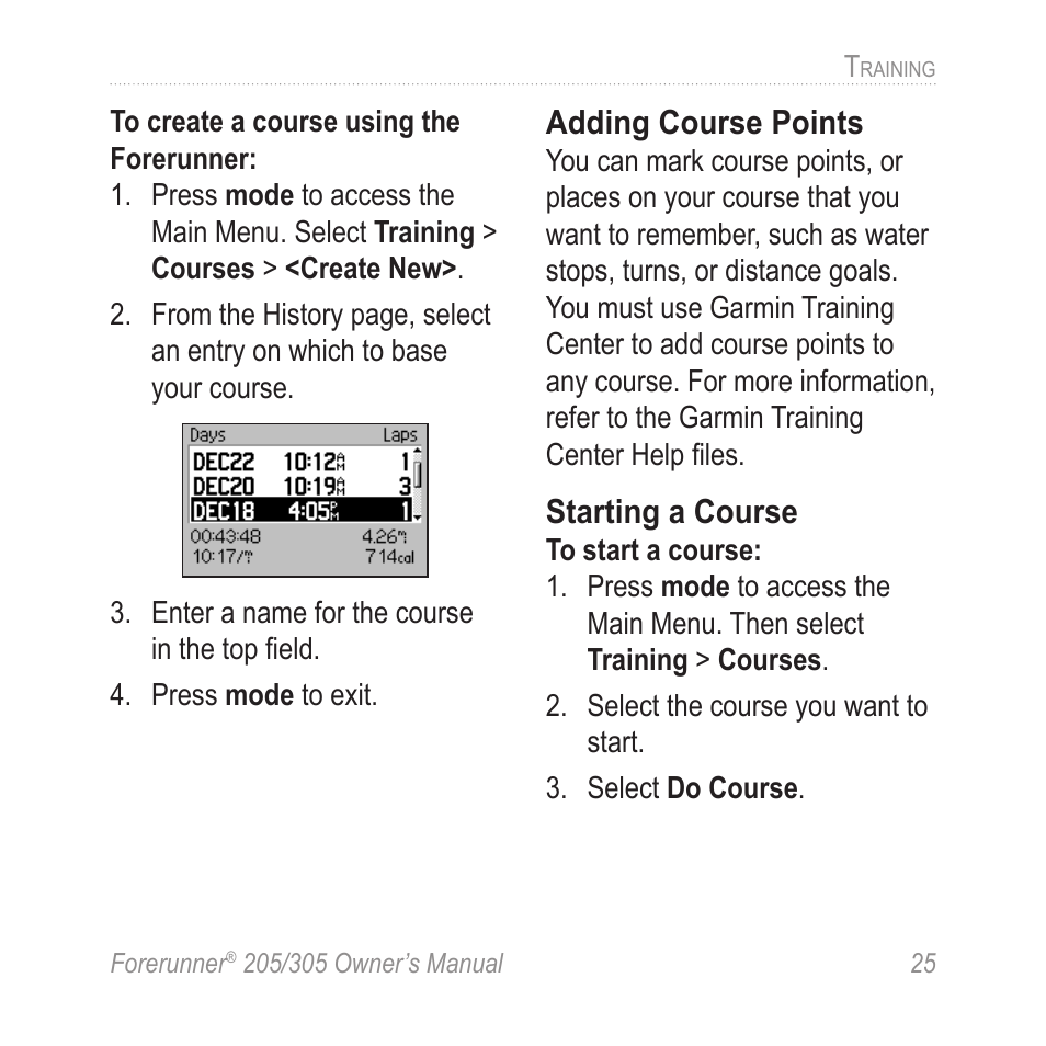 Adding course points, Starting a course | Garmin Forerunner 305 User Manual | Page 29 / 80