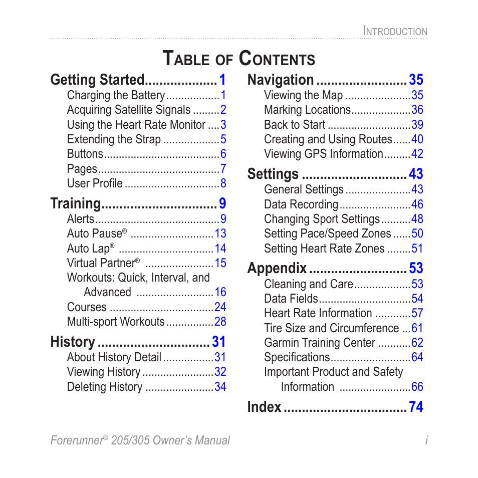 Getting started, Training, History | Navigation, Settings, Appendix, Index | Garmin Forerunner 305 User Manual | Page 3 / 80