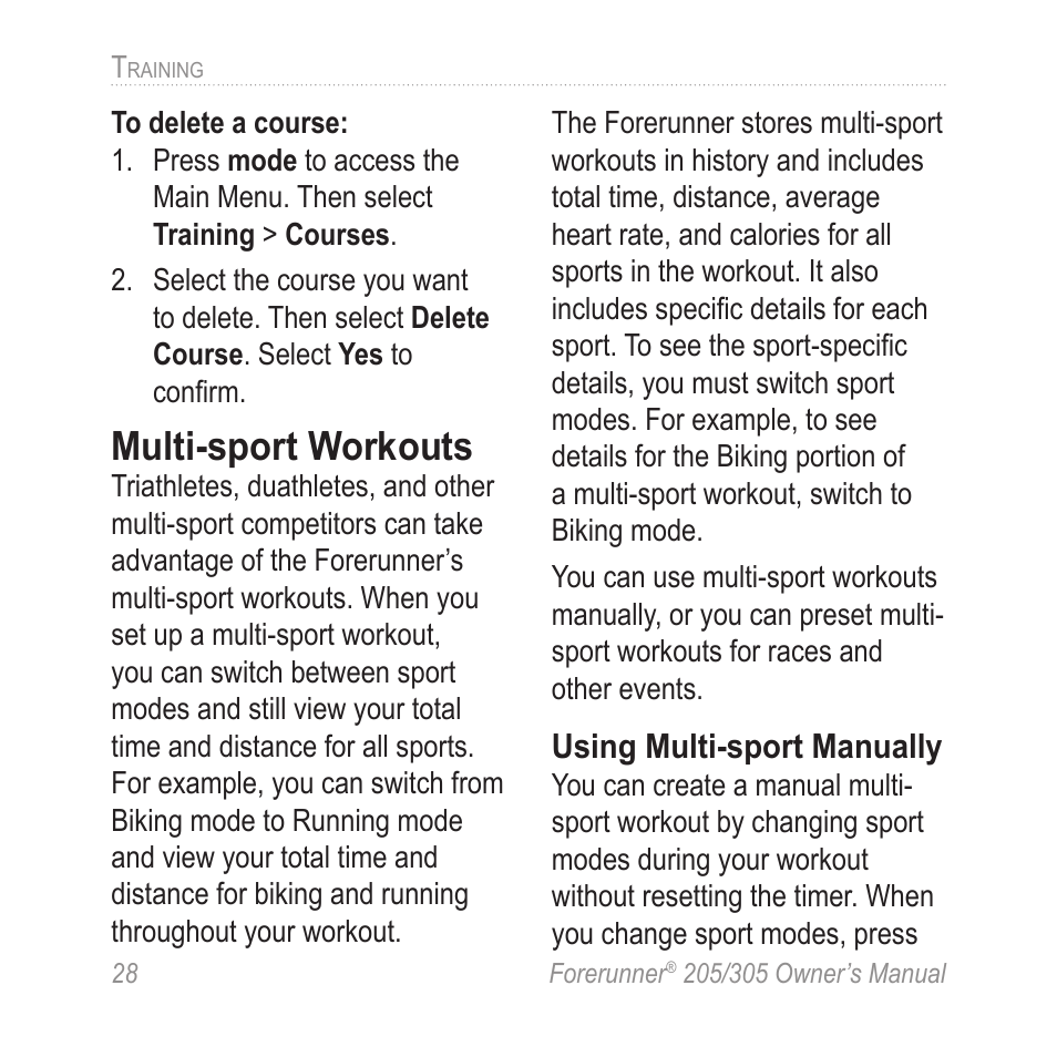 Multi-sport workouts | Garmin Forerunner 305 User Manual | Page 32 / 80