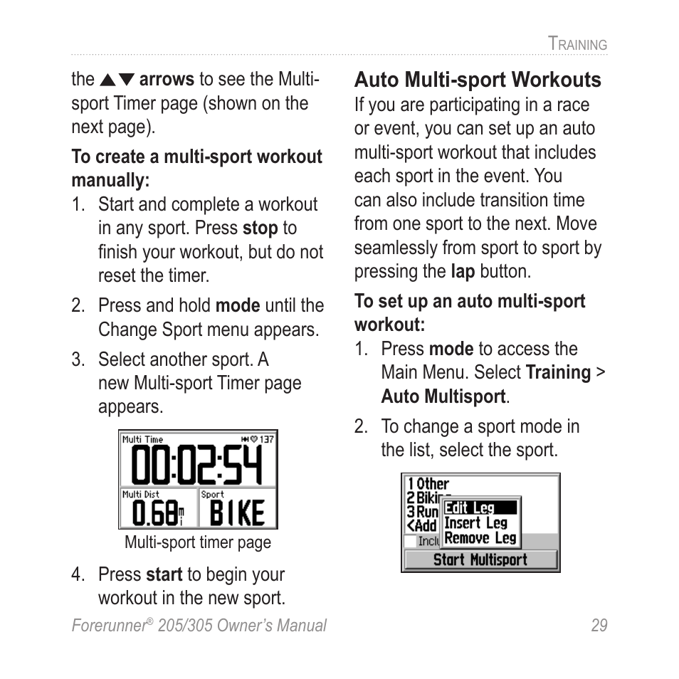 Auto multi-sport workouts | Garmin Forerunner 305 User Manual | Page 33 / 80