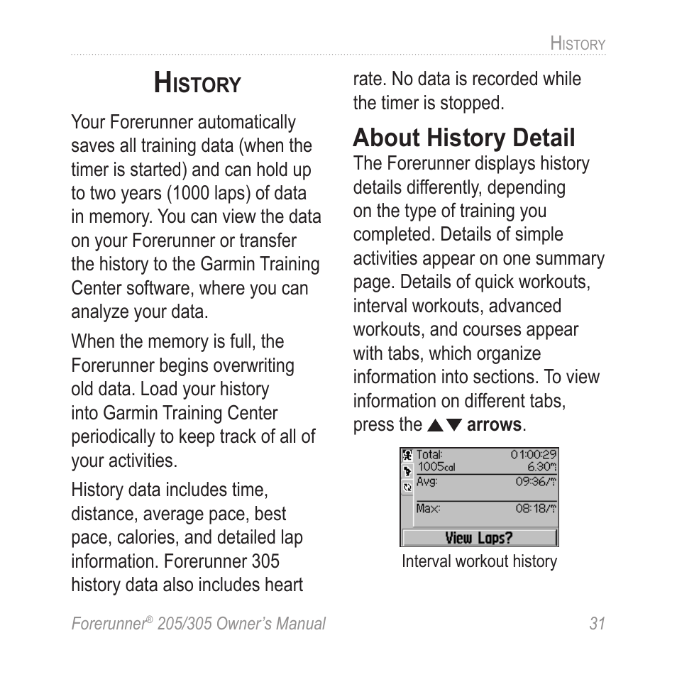 History, About history detail | Garmin Forerunner 305 User Manual | Page 35 / 80