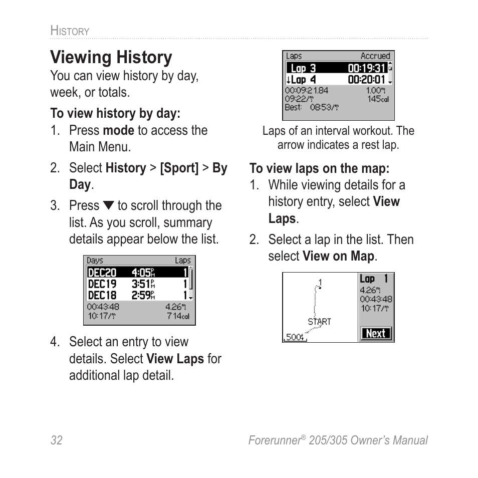 Viewing history | Garmin Forerunner 305 User Manual | Page 36 / 80