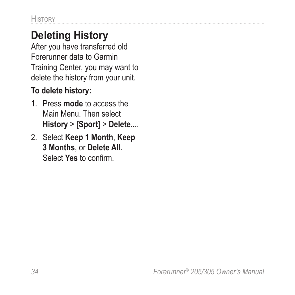 Deleting history | Garmin Forerunner 305 User Manual | Page 38 / 80