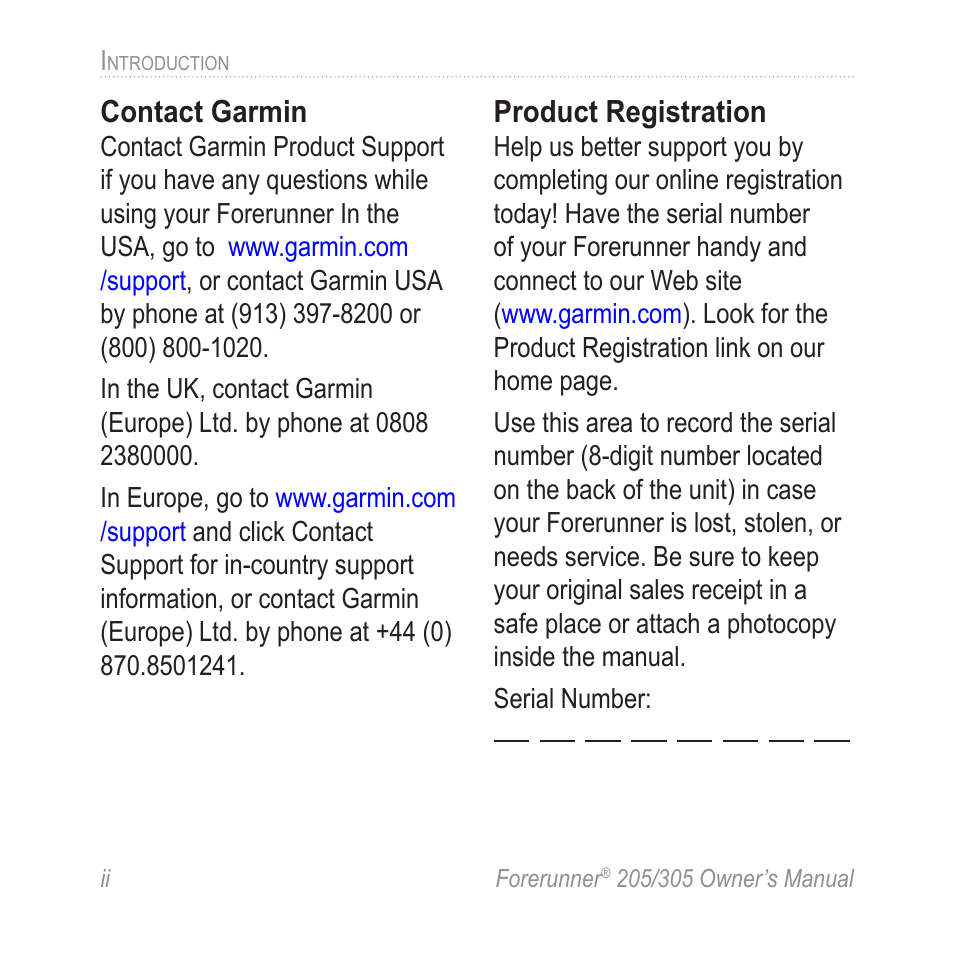 Contact garmin, Product registration | Garmin Forerunner 305 User Manual | Page 4 / 80