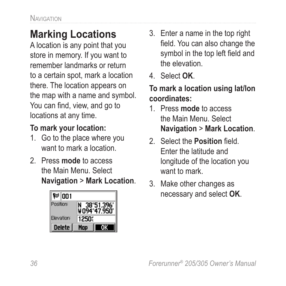 Marking locations | Garmin Forerunner 305 User Manual | Page 40 / 80