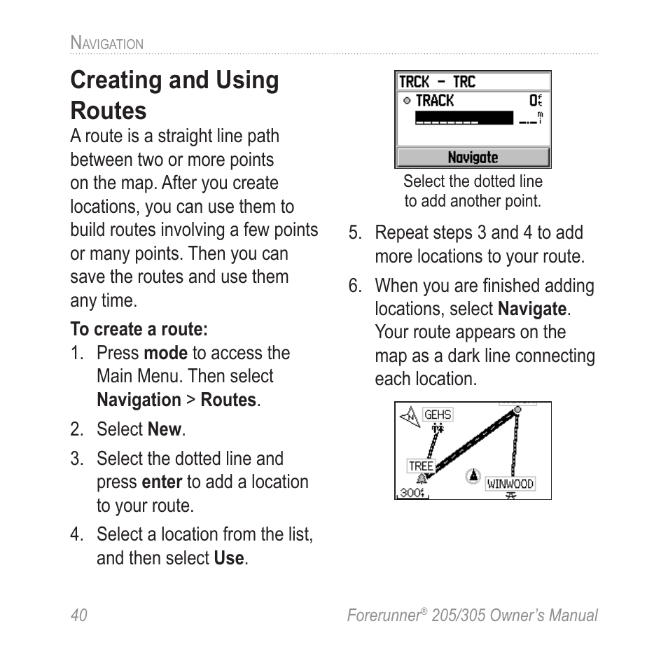 Creating and using routes | Garmin Forerunner 305 User Manual | Page 44 / 80