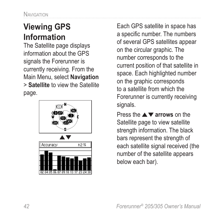 Viewing gps information | Garmin Forerunner 305 User Manual | Page 46 / 80