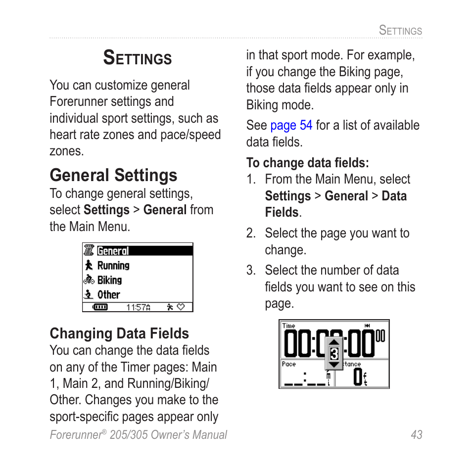 Settings, General settings | Garmin Forerunner 305 User Manual | Page 47 / 80