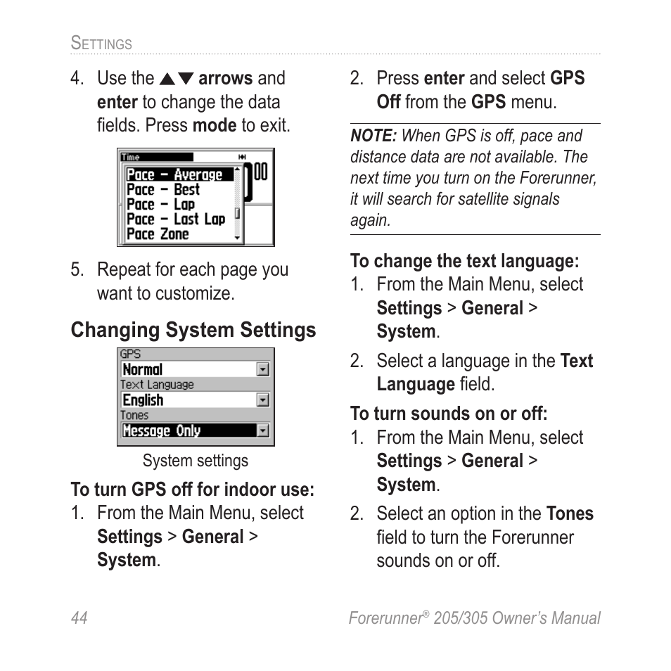 Changing system settings | Garmin Forerunner 305 User Manual | Page 48 / 80