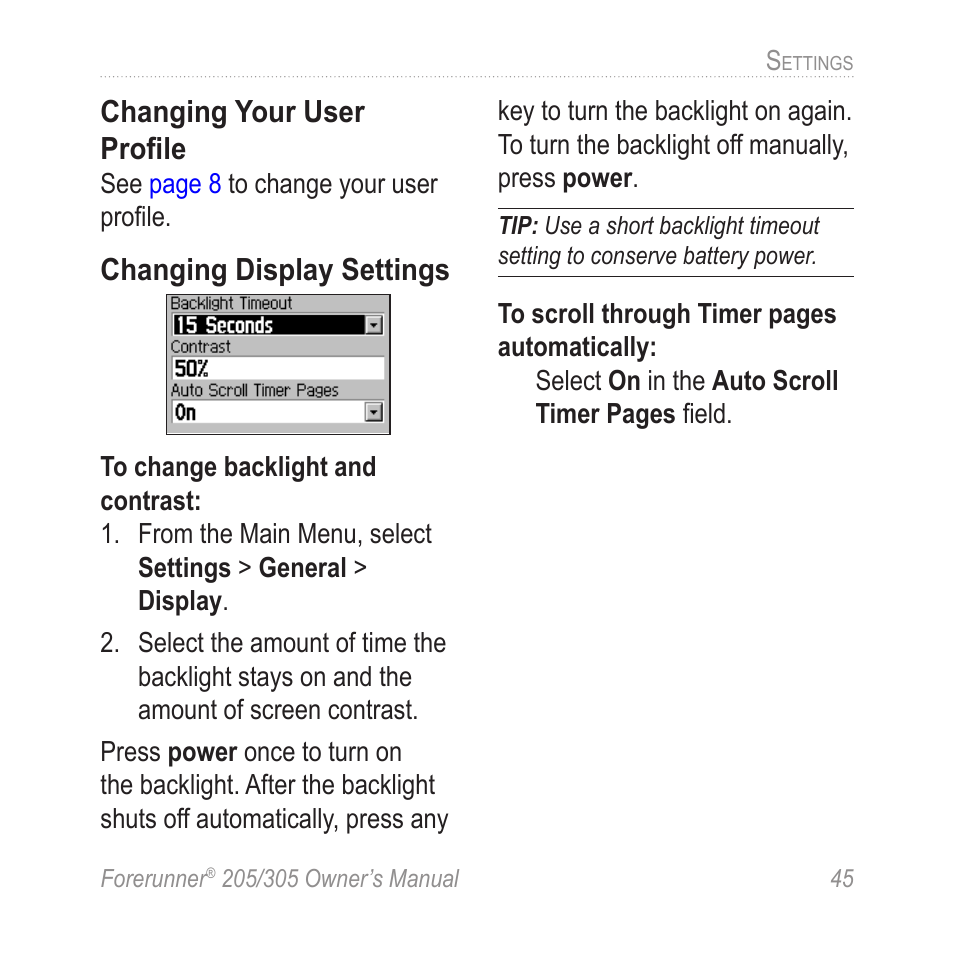 Changing your user profile, Changing display settings | Garmin Forerunner 305 User Manual | Page 49 / 80