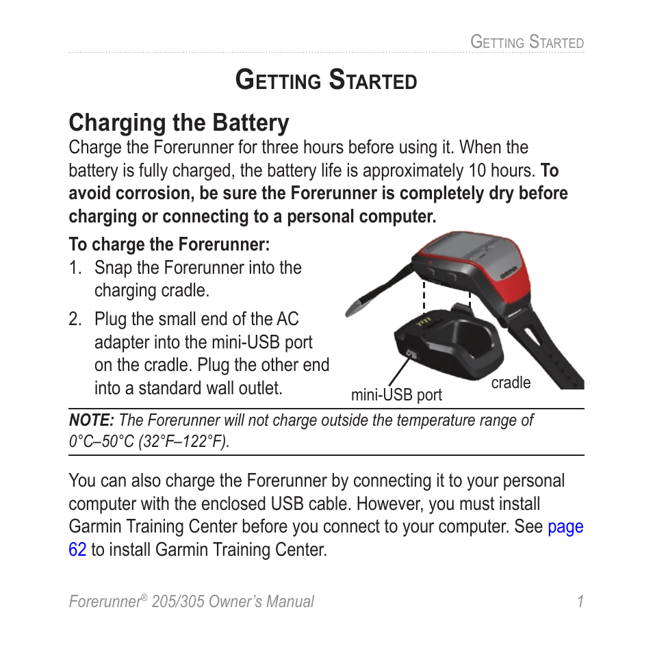 Getting started, Charging the battery | Garmin Forerunner 305 User Manual | Page 5 / 80