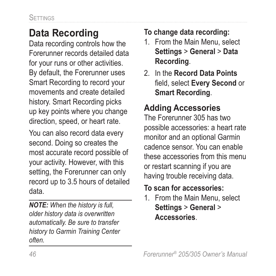 Data recording, Adding accessories | Garmin Forerunner 305 User Manual | Page 50 / 80