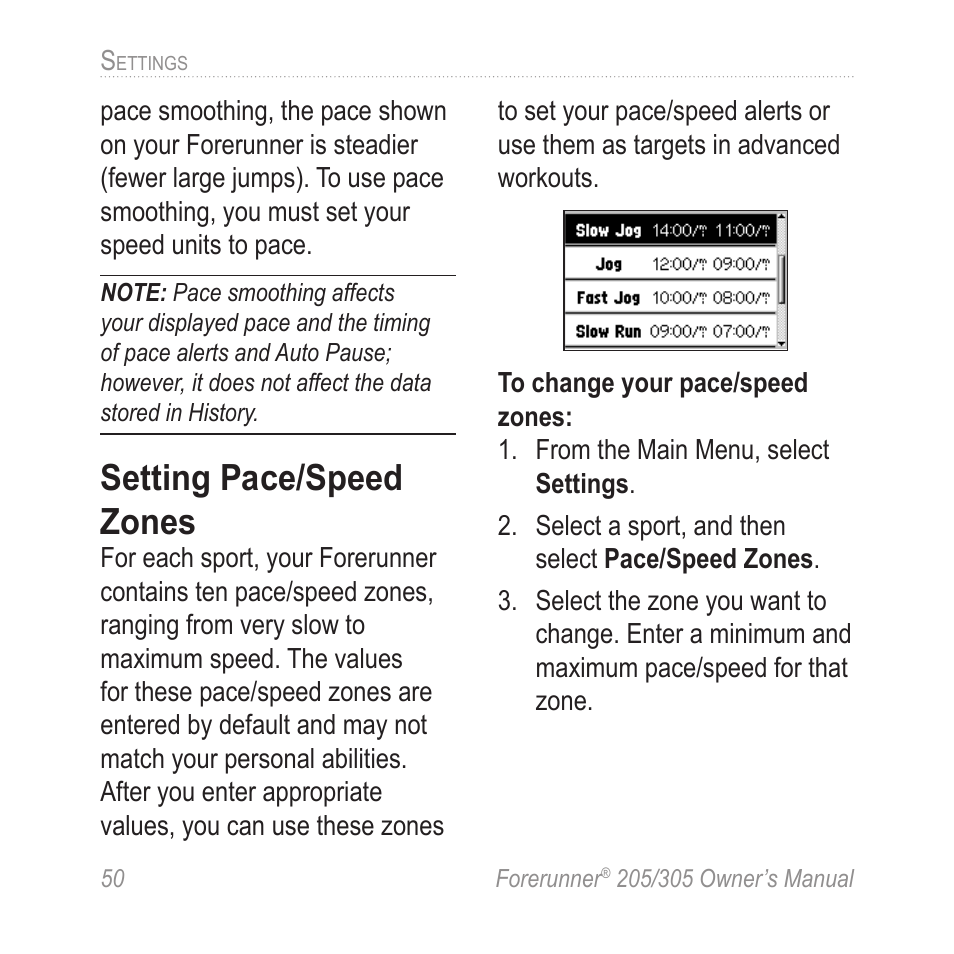 Setting pace/speed zones | Garmin Forerunner 305 User Manual | Page 54 / 80