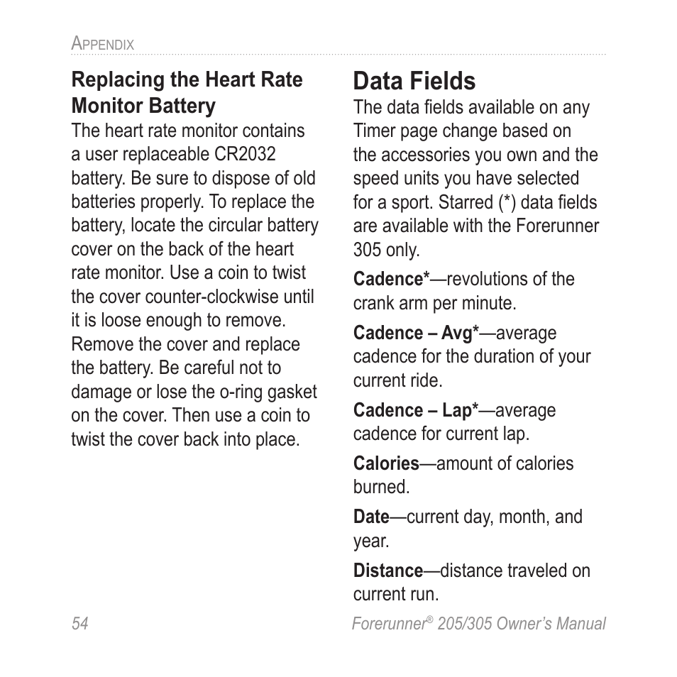 Data fields | Garmin Forerunner 305 User Manual | Page 58 / 80