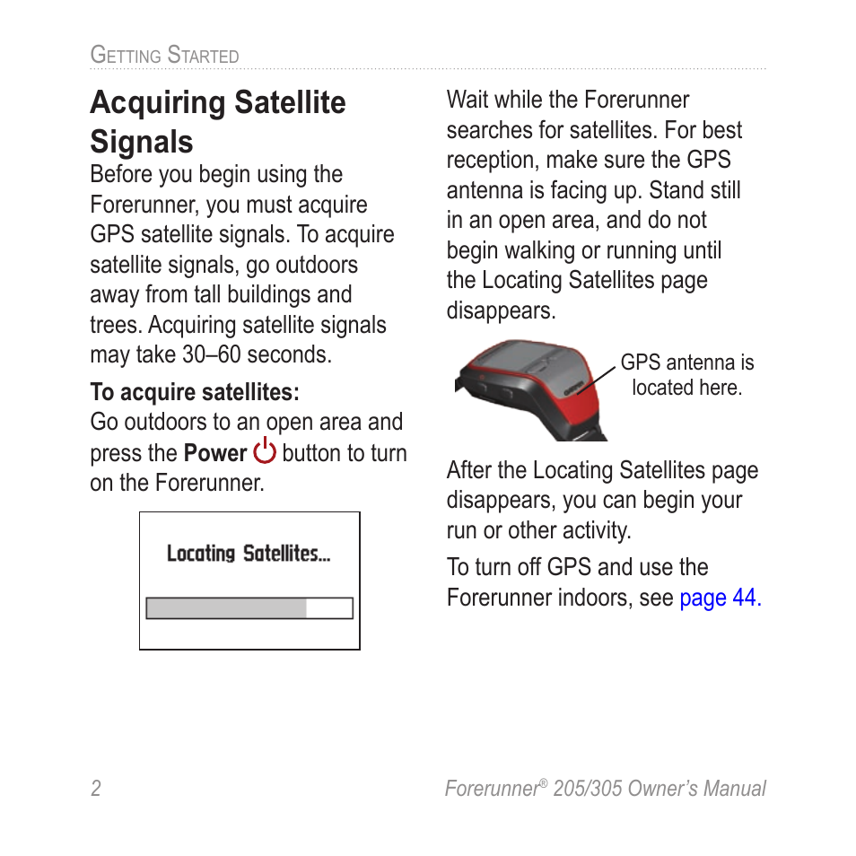 Acquiring satellite signals | Garmin Forerunner 305 User Manual | Page 6 / 80