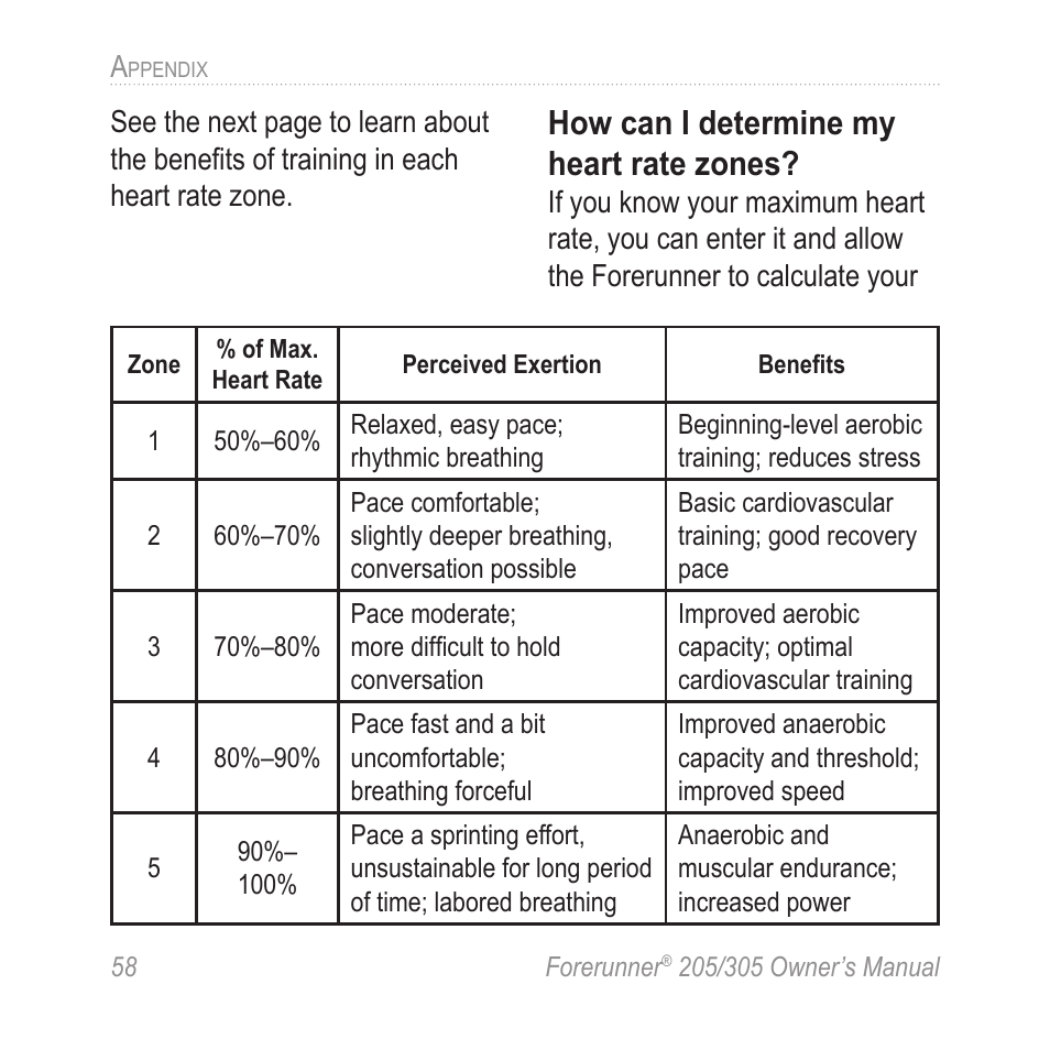 How can i determine my heart rate zones | Garmin Forerunner 305 User Manual | Page 62 / 80